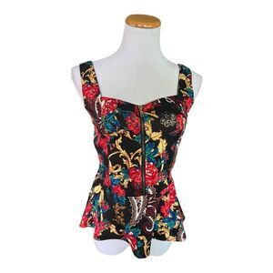 Womens Dots Floral Print Sleeveless Peplum Weekend Chic Blouse Top - Sz S